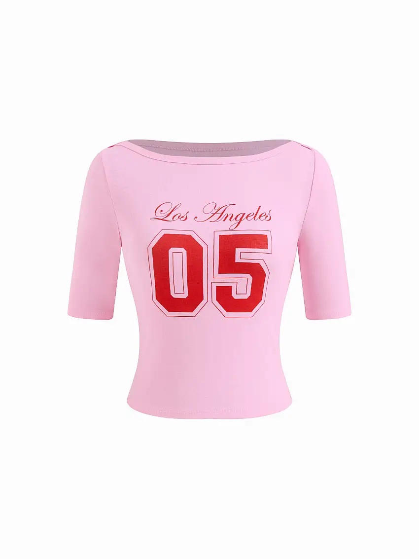 05 Graphic Cotton-blend Boat Neck Mid-length Sleeve Tee