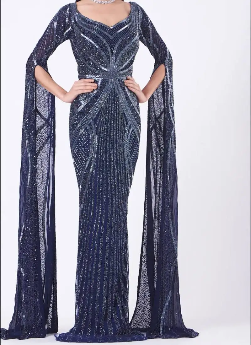 "navy blue hand embroidery zari work long sleeve wedding kaftan "