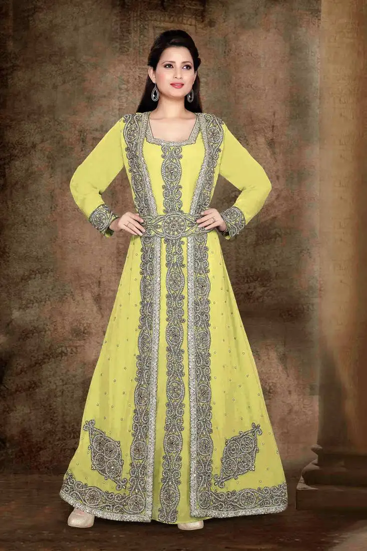 Yellow color luxurious full sleeves handmade moroccan kaftan with hijab